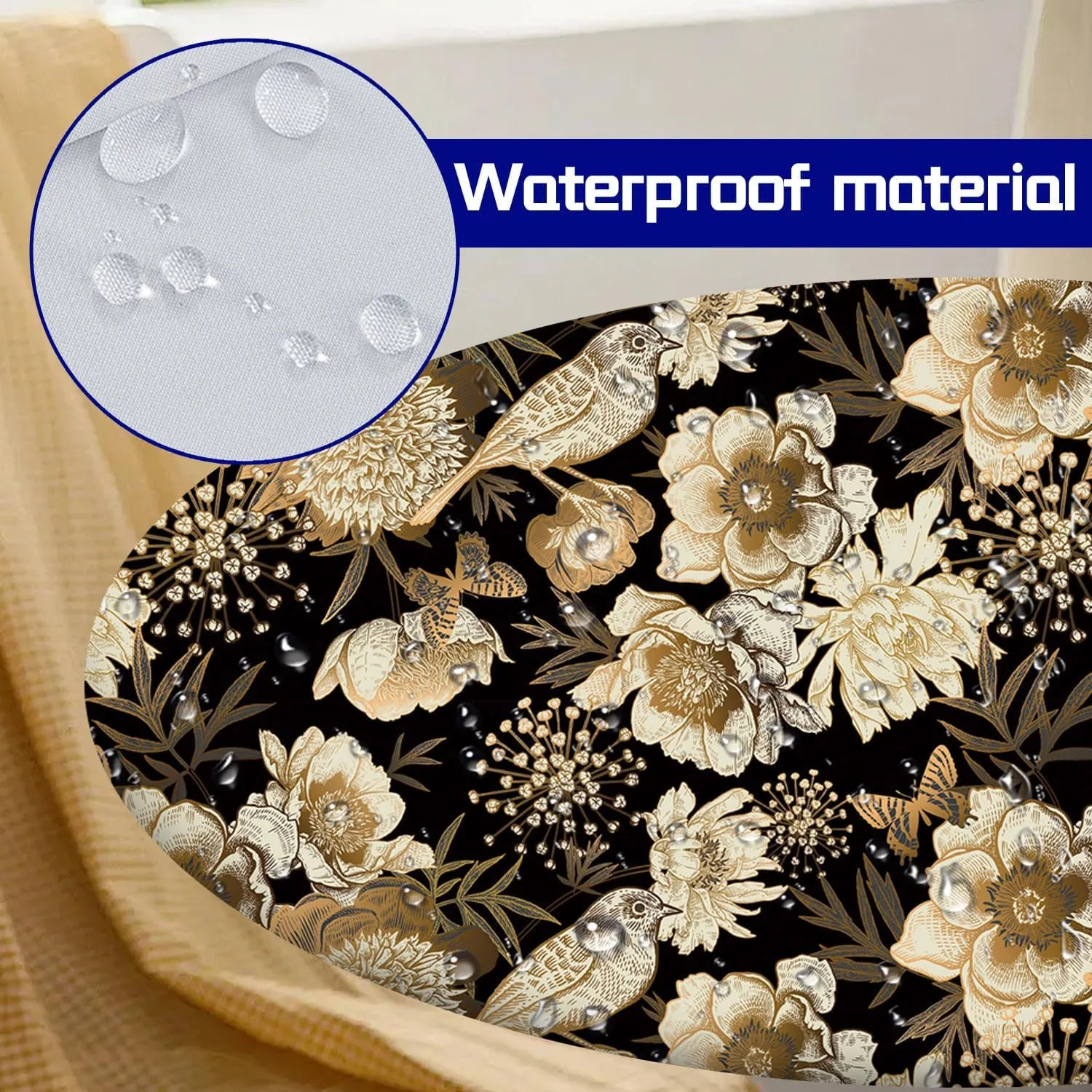 Floral Birds Tablecloth Fitted Elastic Oil-Proof Black Gold Dark Patio Table Covers Wrinkle Resistant Round Tablecloths Waterproof for 36" - 44" Round Table