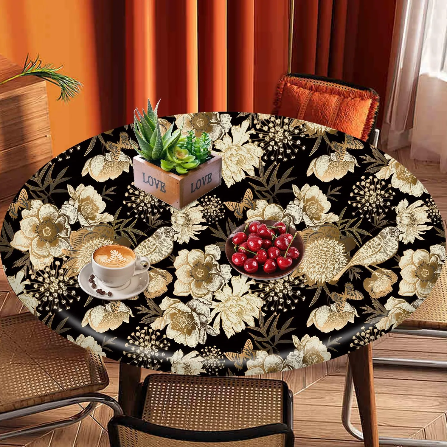 Floral Birds Tablecloth Fitted Elastic Oil-Proof Black Gold Dark Patio Table Covers Wrinkle Resistant Round Tablecloths Waterproof for 36" - 44" Round Table