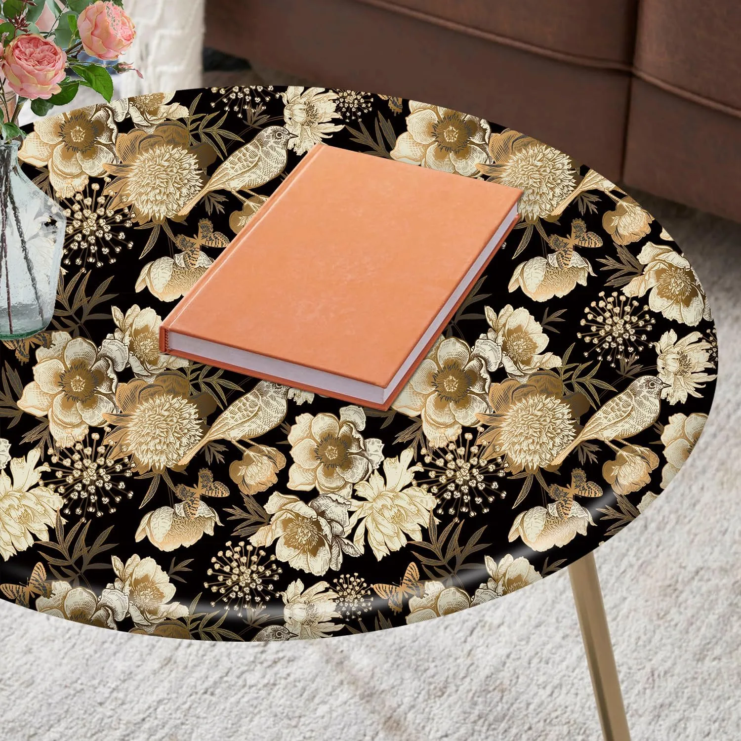 Floral Birds Tablecloth Fitted Elastic Oil-Proof Black Gold Dark Patio Table Covers Wrinkle Resistant Round Tablecloths Waterproof for 36" - 44" Round Table