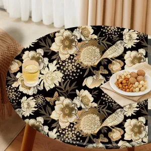 Floral Birds Tablecloth Fitted Elastic Oil-Proof Black Gold Dark Patio Table Covers Wrinkle Resistant Round Tablecloths Waterproof for 36" - 44" Round Table