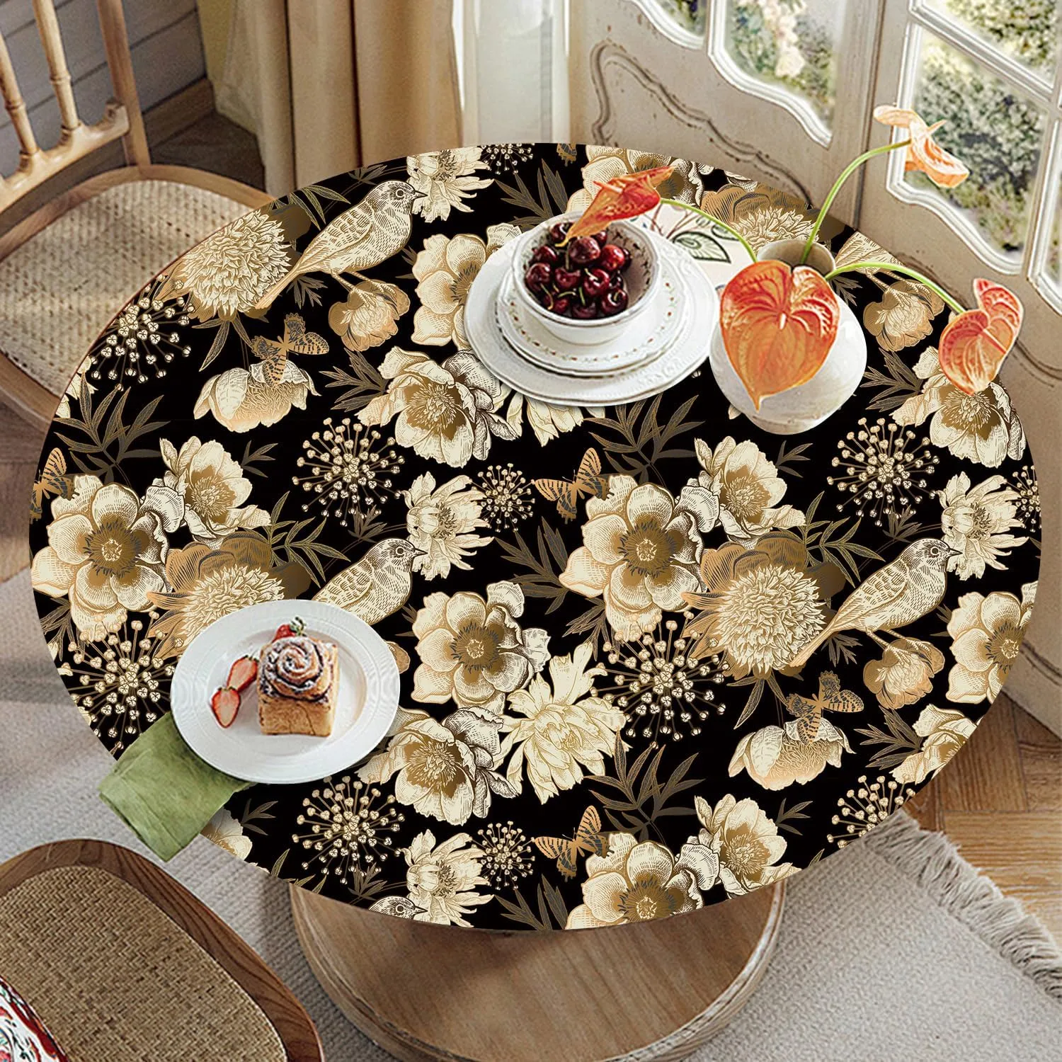 Floral Birds Tablecloth Fitted Elastic Oil-Proof Black Gold Dark Patio Table Covers Wrinkle Resistant Round Tablecloths Waterproof for 36" - 44" Round Table