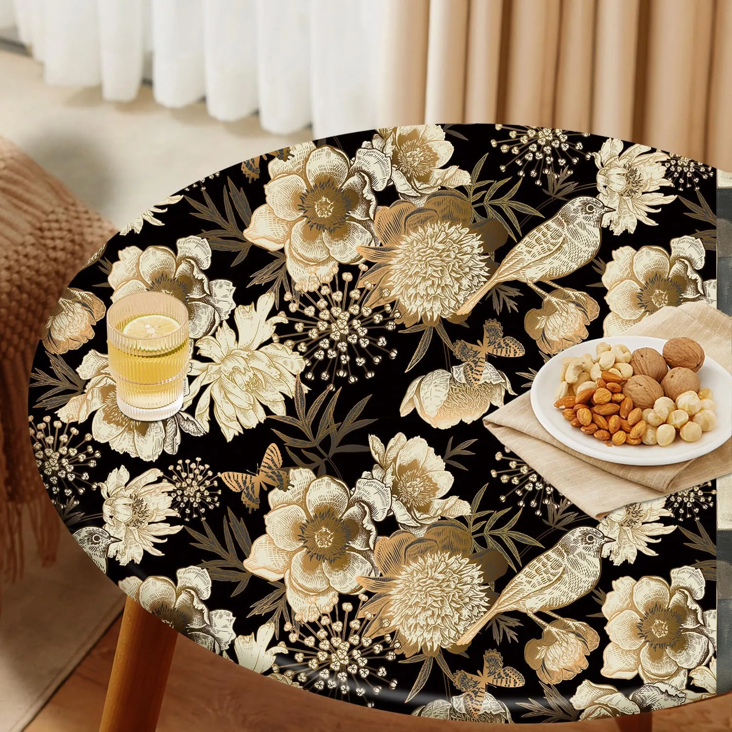 Floral Birds Tablecloth Fitted Elastic Oil-Proof Black Gold Dark Patio Table Covers Wrinkle Resistant Round Tablecloths Waterproof for 36" - 44" Round Table