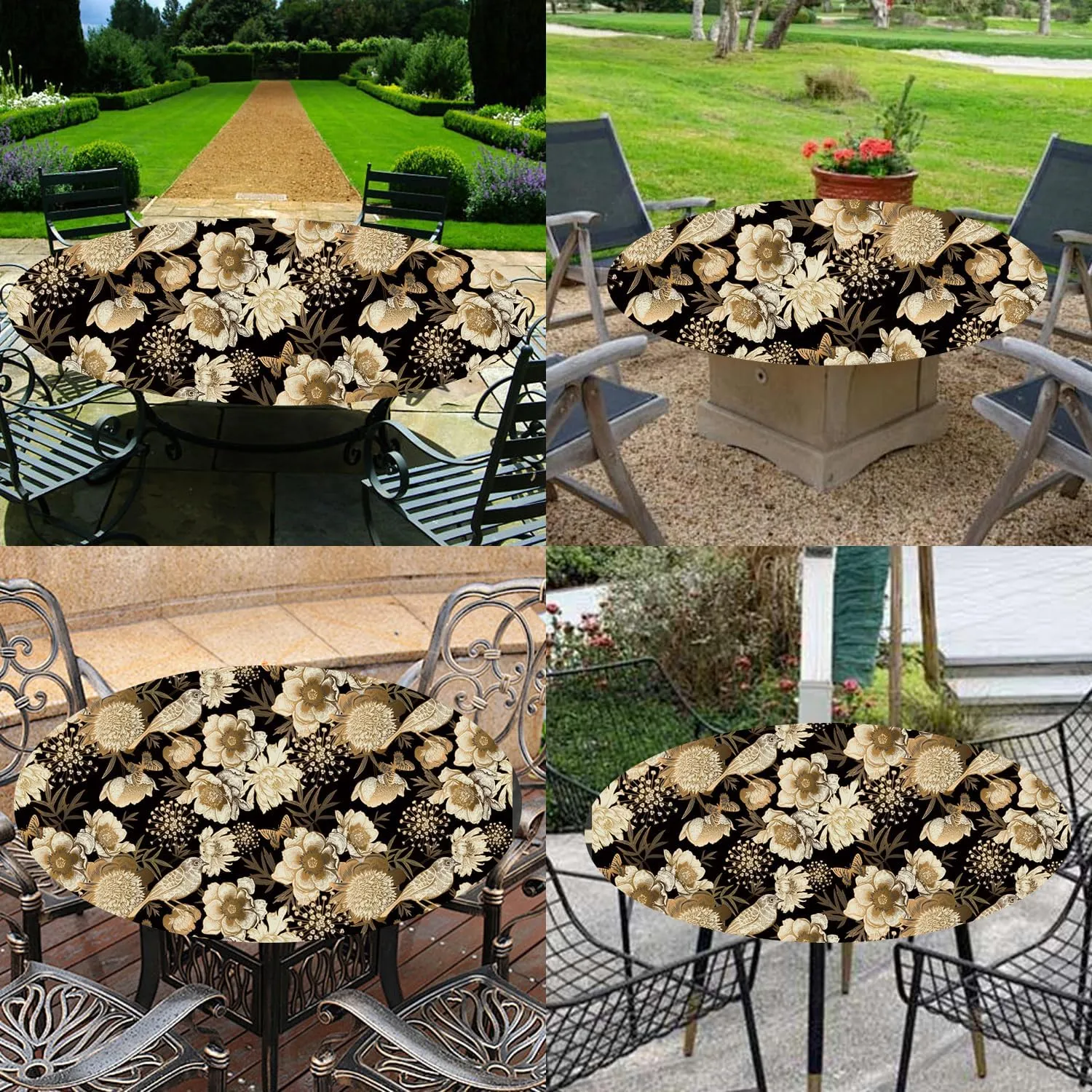 Floral Birds Tablecloth Fitted Elastic Oil-Proof Black Gold Dark Patio Table Covers Wrinkle Resistant Round Tablecloths Waterproof for 36" - 44" Round Table