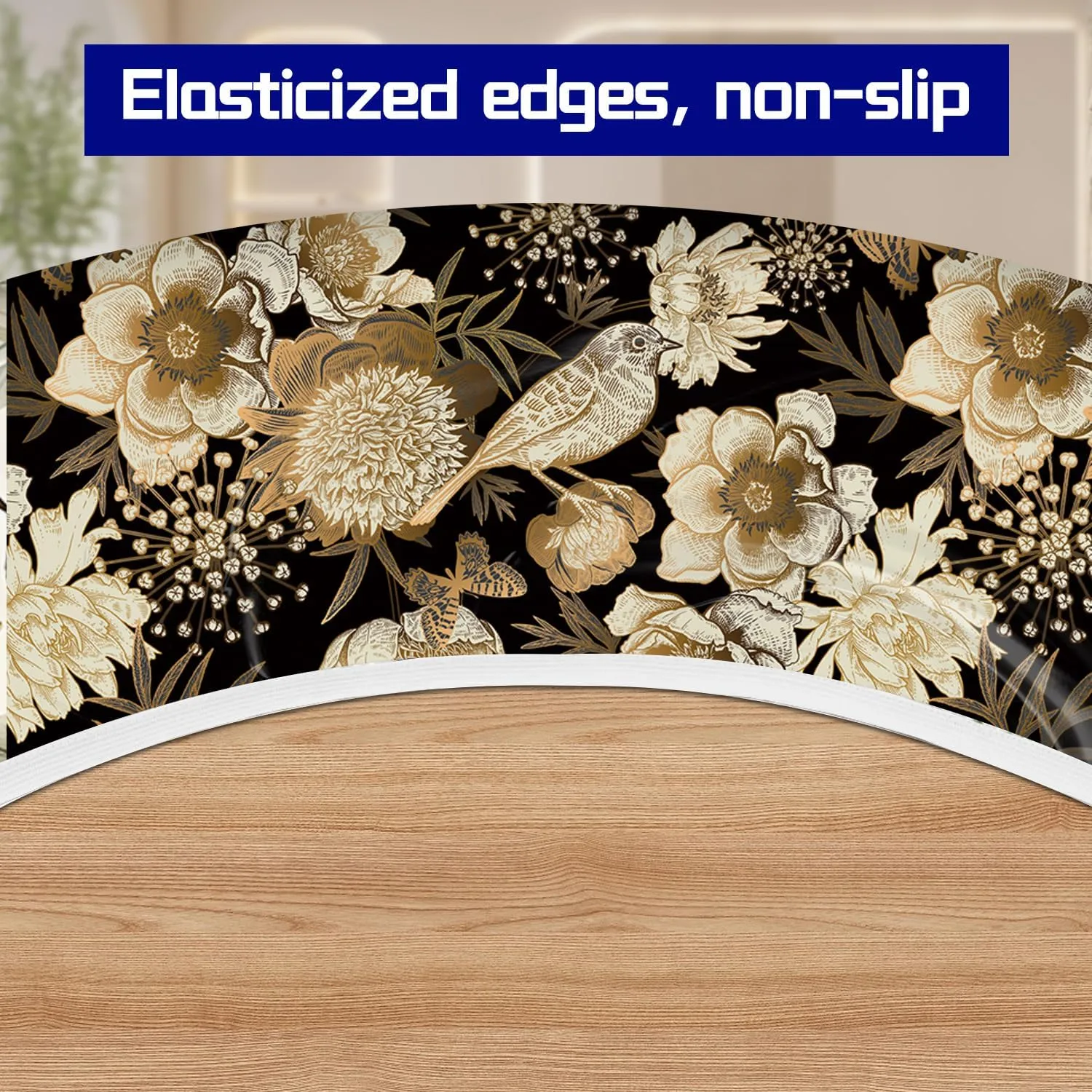 Floral Birds Tablecloth Fitted Elastic Oil-Proof Black Gold Dark Patio Table Covers Wrinkle Resistant Round Tablecloths Waterproof for 36" - 44" Round Table