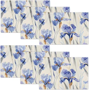 Floral Placemats Set of 6 Blue Iris Flowers Watercolor Table Mats Washable Place Mats for Home Party Kitchen Outdoor Indoor Restaurants 12''x18''
