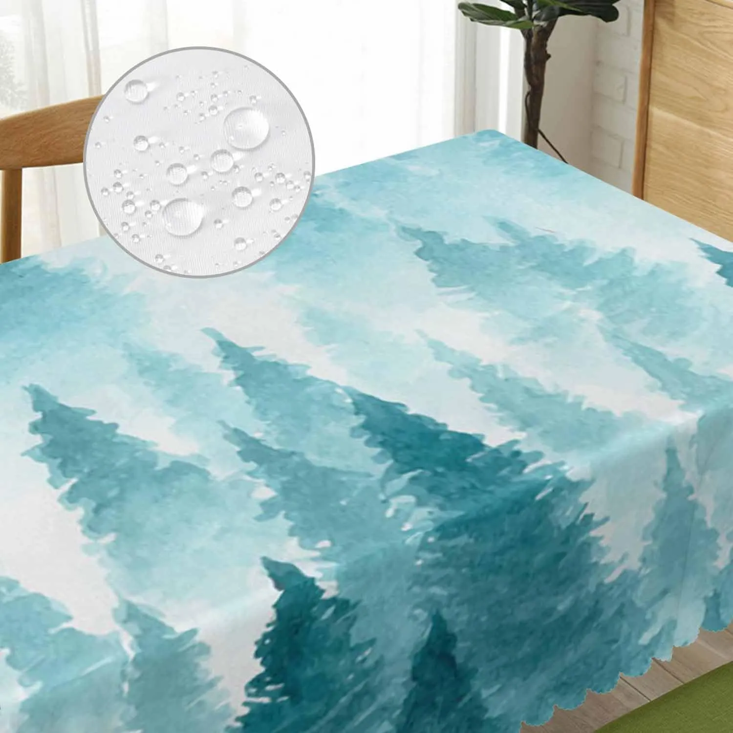 Foggy Forest Rectangle Tablecloth 52x70 Inch Pine Tree Forest Blue Dining Table Cloth Table Cover for Home Kitchen Restaurant Party Buffet Picnic, 4-6 Seats