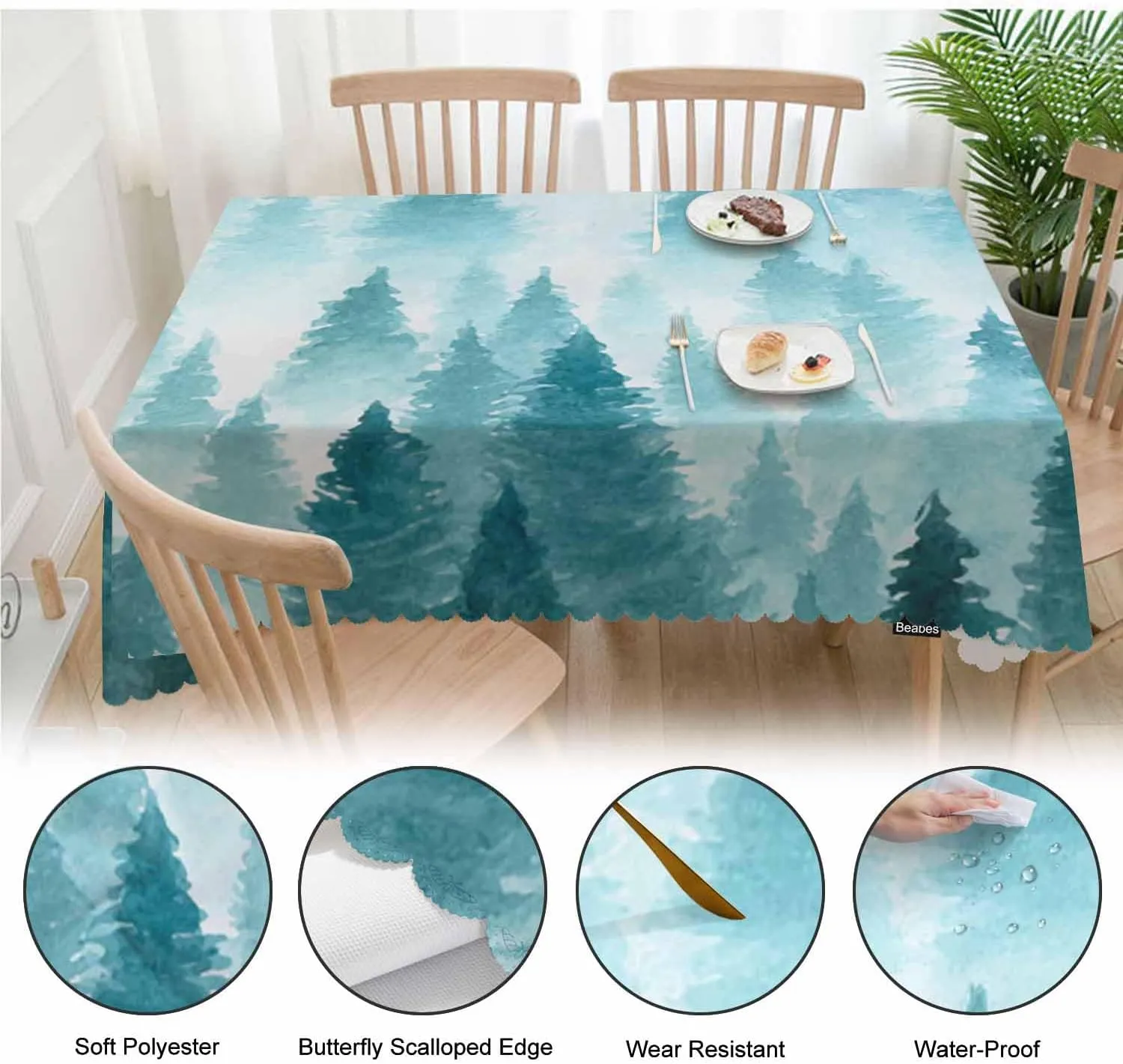 Foggy Forest Rectangle Tablecloth 52x70 Inch Pine Tree Forest Blue Dining Table Cloth Table Cover for Home Kitchen Restaurant Party Buffet Picnic, 4-6 Seats