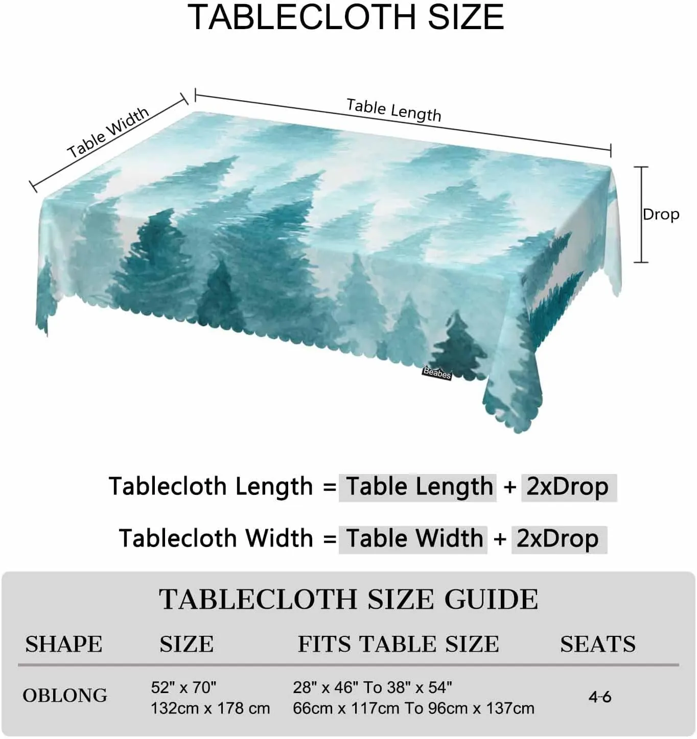 Foggy Forest Rectangle Tablecloth 52x70 Inch Pine Tree Forest Blue Dining Table Cloth Table Cover for Home Kitchen Restaurant Party Buffet Picnic, 4-6 Seats