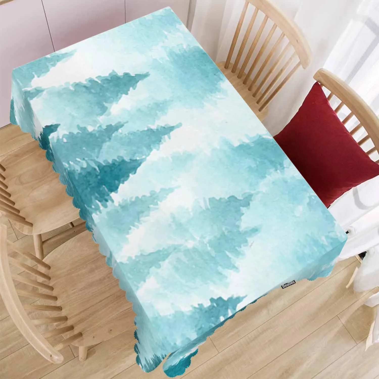 Foggy Forest Rectangle Tablecloth 52x70 Inch Pine Tree Forest Blue Dining Table Cloth Table Cover for Home Kitchen Restaurant Party Buffet Picnic, 4-6 Seats