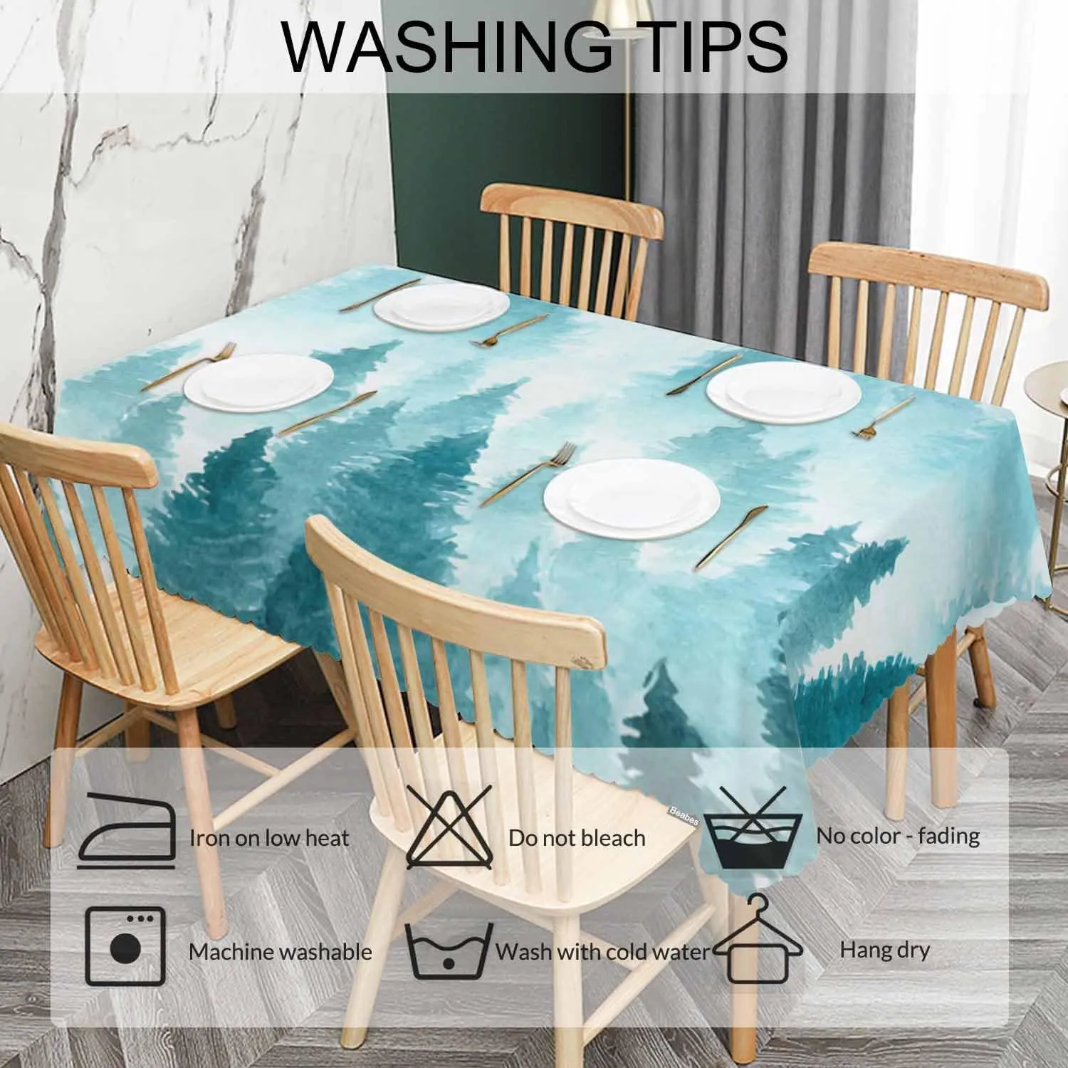 Foggy Forest Rectangle Tablecloth 52x70 Inch Pine Tree Forest Blue Dining Table Cloth Table Cover for Home Kitchen Restaurant Party Buffet Picnic, 4-6 Seats
