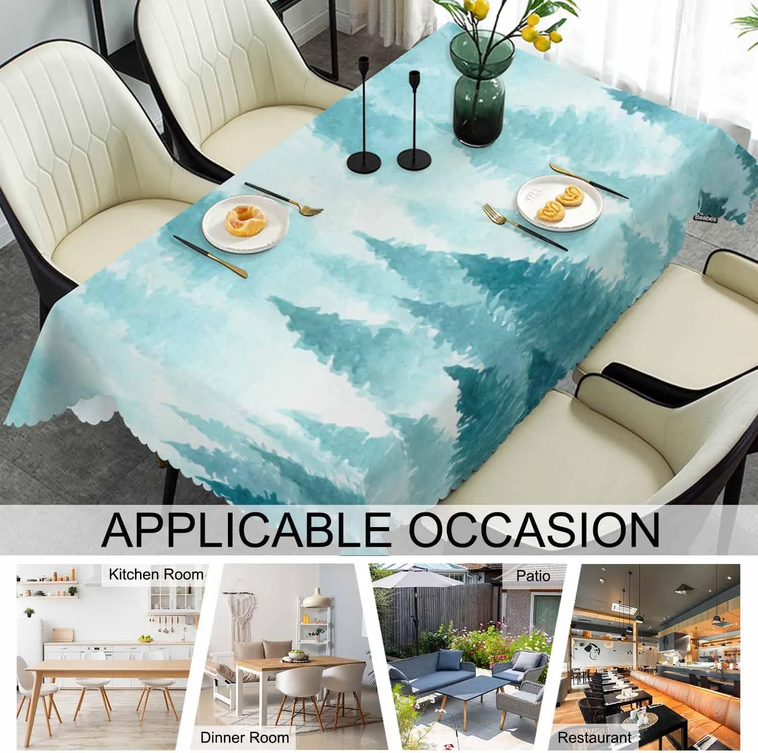 Foggy Forest Rectangle Tablecloth 52x70 Inch Pine Tree Forest Blue Dining Table Cloth Table Cover for Home Kitchen Restaurant Party Buffet Picnic, 4-6 Seats