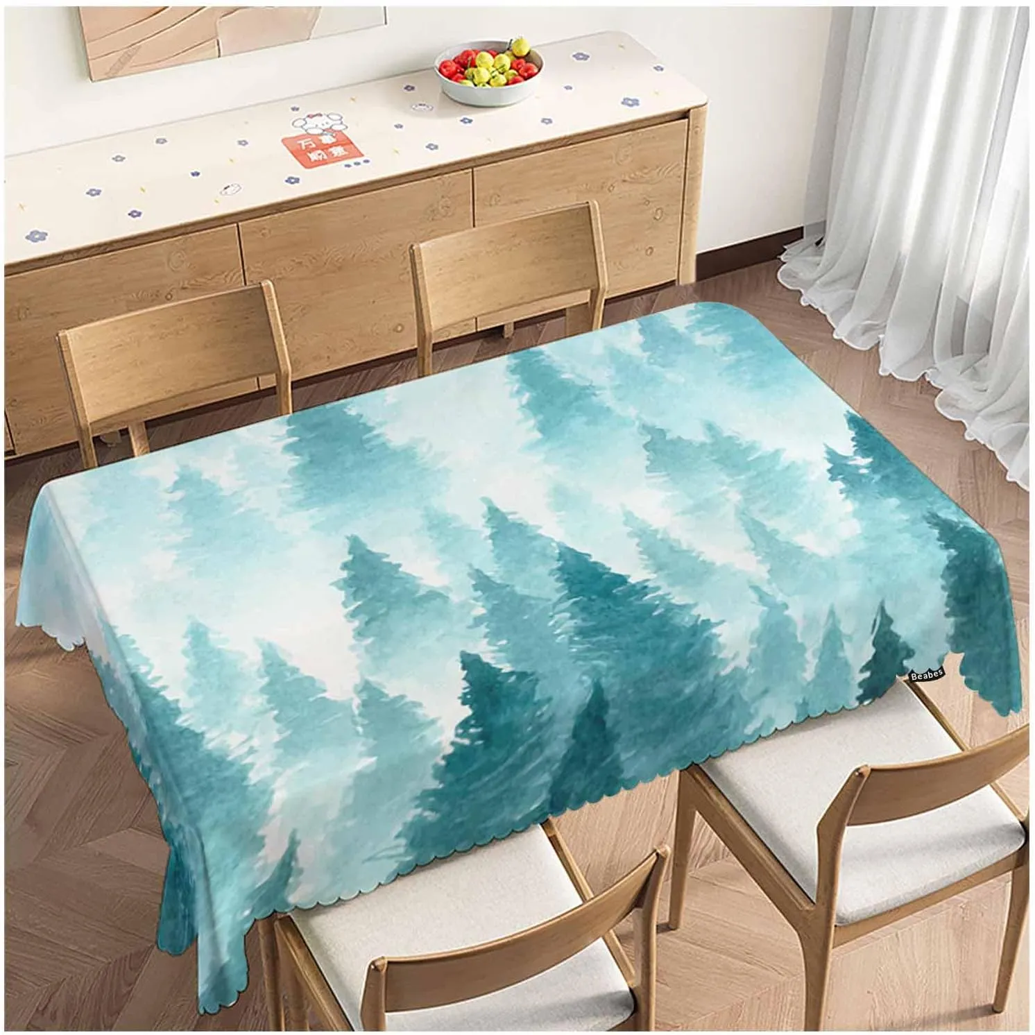 Foggy Forest Rectangle Tablecloth 52x70 Inch Pine Tree Forest Blue Dining Table Cloth Table Cover for Home Kitchen Restaurant Party Buffet Picnic, 4-6 Seats