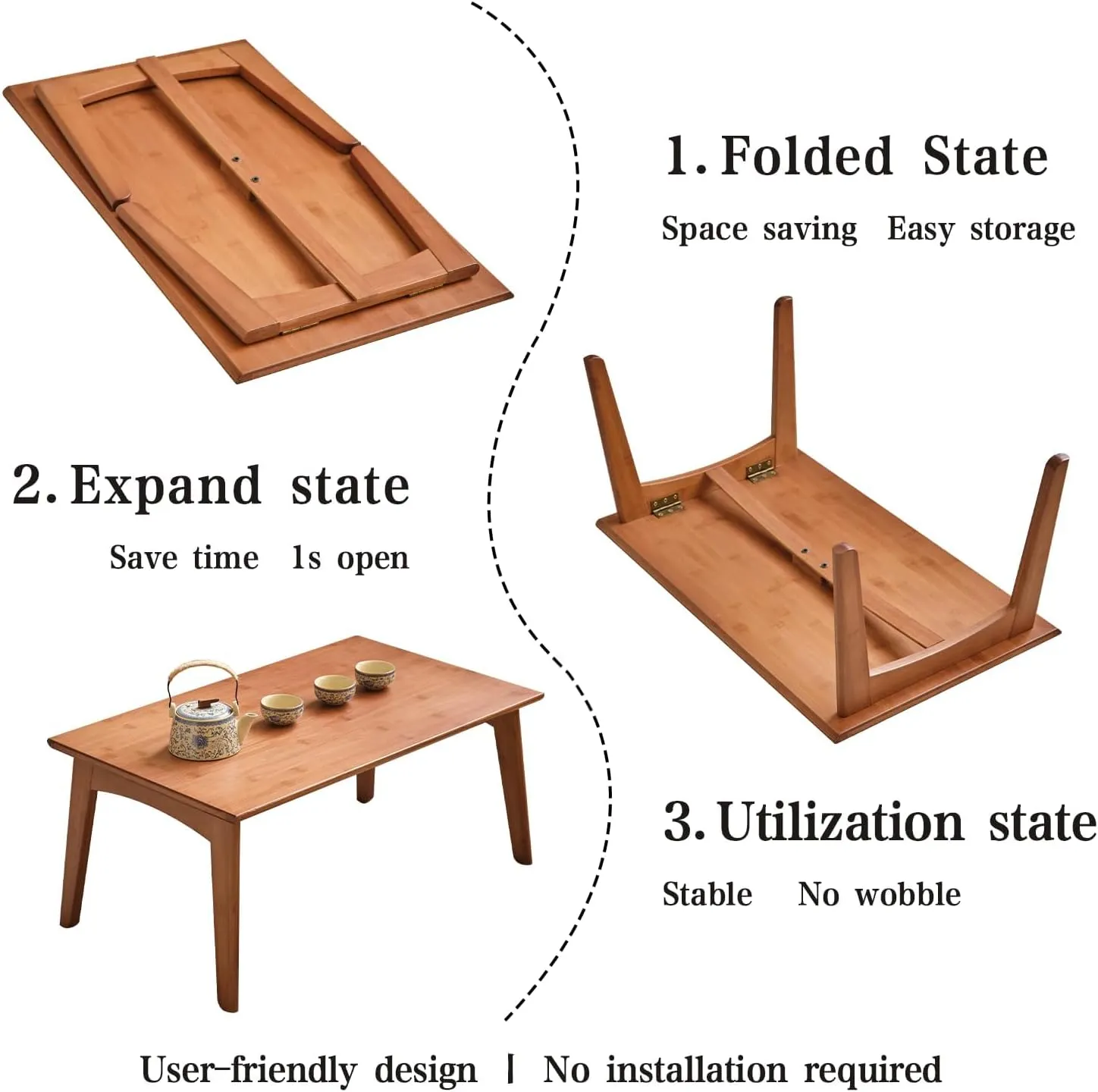 Foldable Bamboo Floor Table No Assembly Required Outdoor Picnic Table Small Bedroom Furniture Laptop Desk Folding Coffee Tables for Living Room Decor (Walnut, Small)