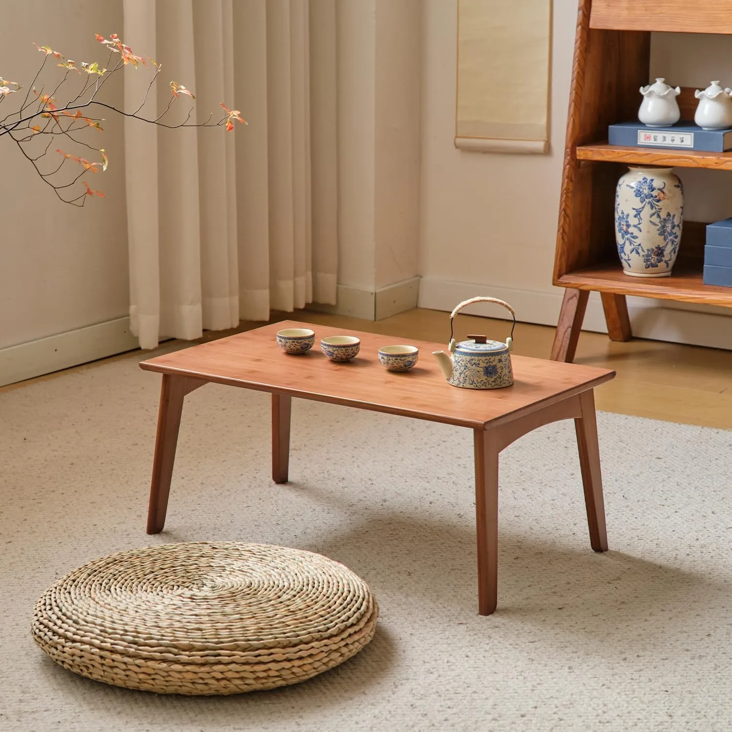 Foldable Bamboo Floor Table No Assembly Required Outdoor Picnic Table Small Bedroom Furniture Laptop Desk Folding Coffee Tables for Living Room Decor (Walnut, Small)