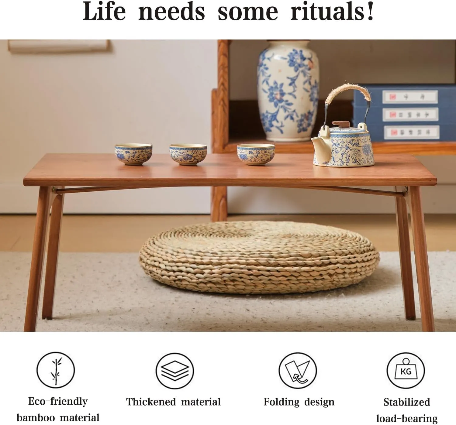 Foldable Bamboo Floor Table No Assembly Required Outdoor Picnic Table Small Bedroom Furniture Laptop Desk Folding Coffee Tables for Living Room Decor (Walnut, Small)
