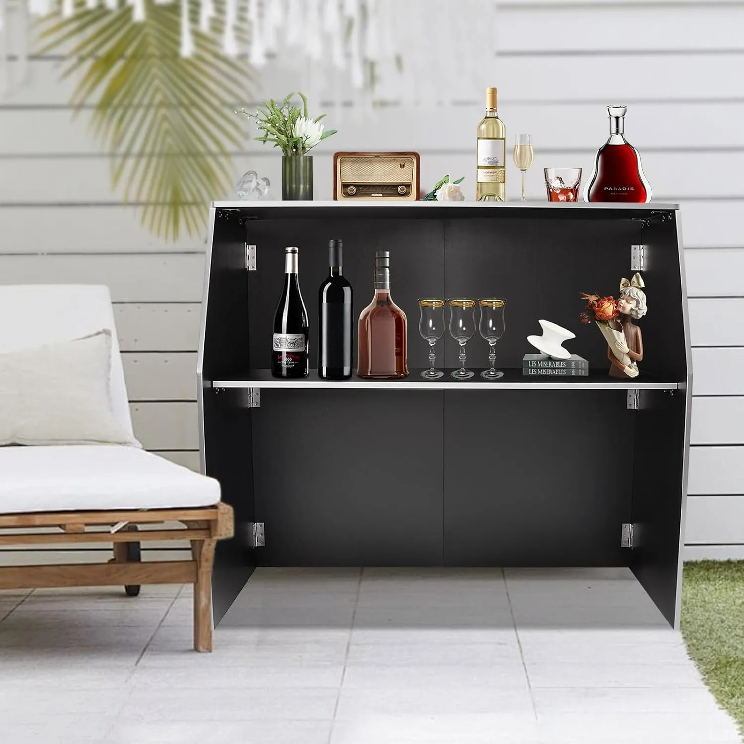 Foldable Event Bar, 42.75" Tall Portable Bar Cabinet Commercial Portable Bar Mobile Bartender Station with Top and Middle Shelves for Events Outdoor Parties Picnics (Black   White Aluminum Cladding)