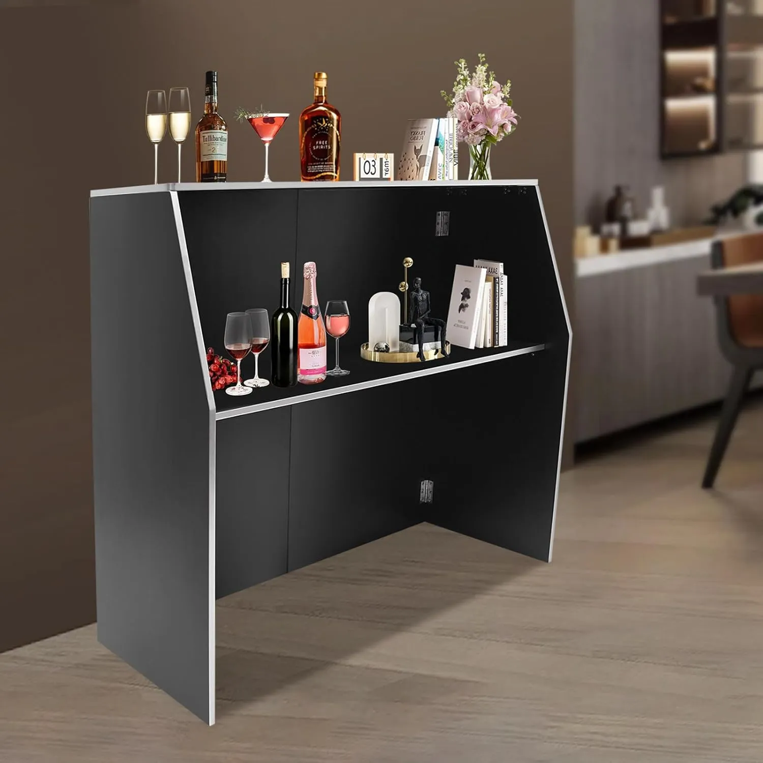 Foldable Event Bar, 42.75" Tall Portable Bar Cabinet Commercial Portable Bar Mobile Bartender Station with Top and Middle Shelves for Events Outdoor Parties Picnics (Black   White Aluminum Cladding)