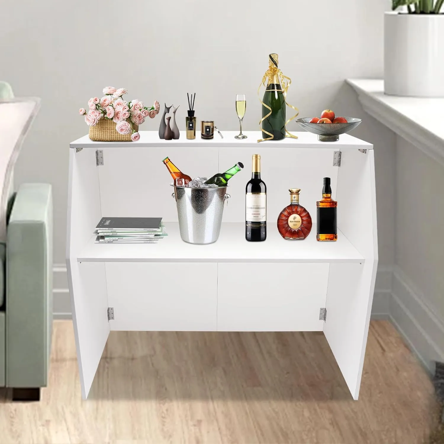 Foldable Event Bar, 42.75" Tall Portable Bar Cabinet Commercial Portable Bar Mobile Bartender Station with Top and Middle Shelves for Events Outdoor Parties Picnics (White)