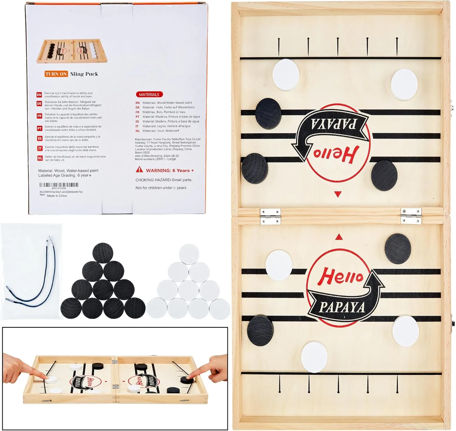 Foldable Fast Sling Puck Game with Chess Board and Checkers Board, Tic Tac Toe. Wooden Air Hockey Family Night,Table Games Gifts for Adults and Kids