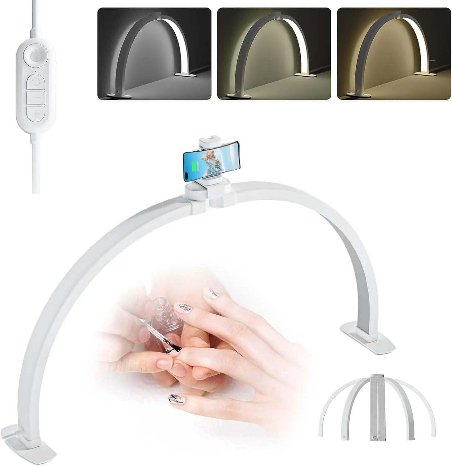 Foldable LED Half Moon Lamp for Nail,38W/3000-6000k Desk Lamp,Lash Lamp for Lash Extension with Storage Bag& Phone Bracket,Led Light for Nails Tech, Stepless Dimming(4700LM&White)