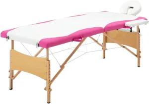 Foldable Massage Table 2 Zones Wooden Frame, Adjustable Height and Arm Supports, Comfortable Faux Leather Cushion, White and Pink