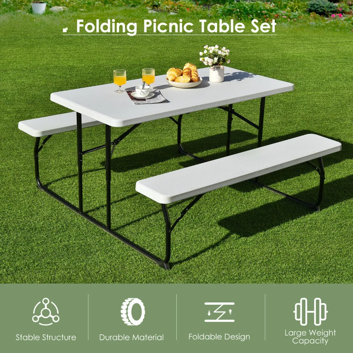 Foldable Picnic Table Bench Set with Anti slip Pads