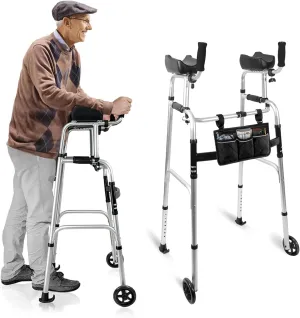 Foldable Stand Up Walker with Armrest Pad - Height Adjustable Aluminum Walkers with Small Bag, Standard Walker for Seniors, Elderly, Platform Walker with Arm Support, Standing Upright Walkers,Silver