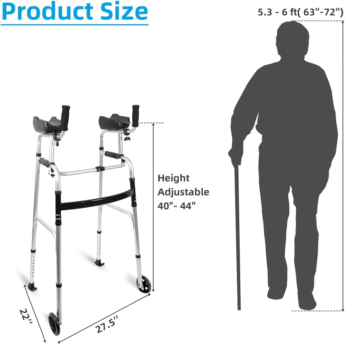 Foldable Stand Up Walker with Armrest Pad - Height Adjustable Aluminum Walkers with Small Bag, Standard Walker for Seniors, Elderly, Platform Walker with Arm Support, Standing Upright Walkers,Silver