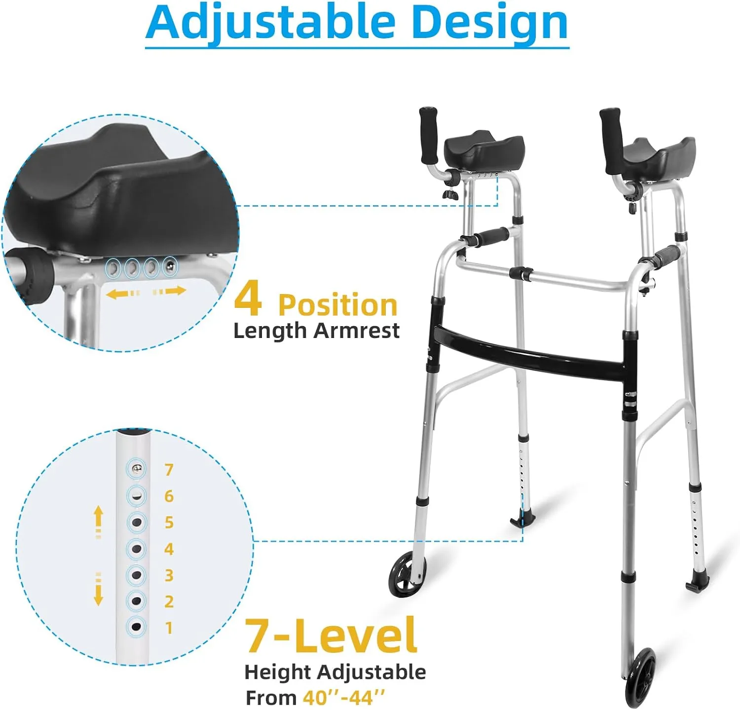 Foldable Stand Up Walker with Armrest Pad - Height Adjustable Aluminum Walkers with Small Bag, Standard Walker for Seniors, Elderly, Platform Walker with Arm Support, Standing Upright Walkers,Silver
