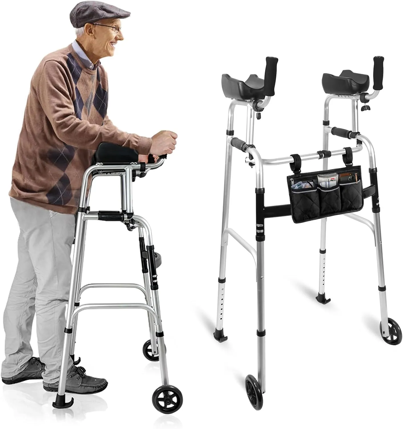 Foldable Stand Up Walker with Armrest Pad - Height Adjustable Aluminum Walkers with Small Bag, Standard Walker for Seniors, Elderly, Platform Walker with Arm Support, Standing Upright Walkers,Silver