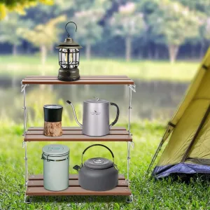 Folding Camping Storage Rack, Portable Picnic Table 3-Tier Desktop Shelf Multi-Function BBQ Grill Cooking Shelf with Carry Bag