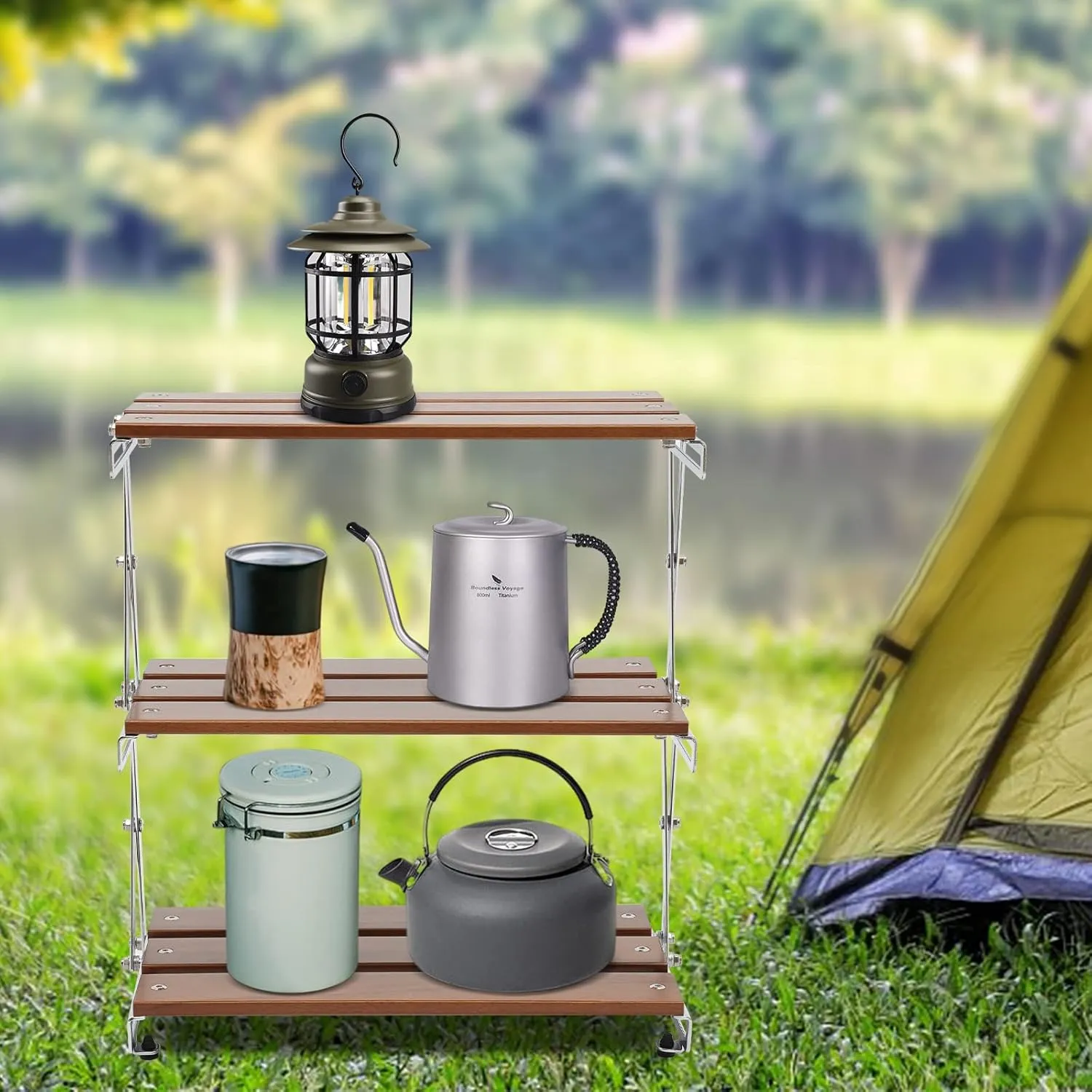 Folding Camping Storage Rack, Portable Picnic Table 3-Tier Desktop Shelf Multi-Function BBQ Grill Cooking Shelf with Carry Bag