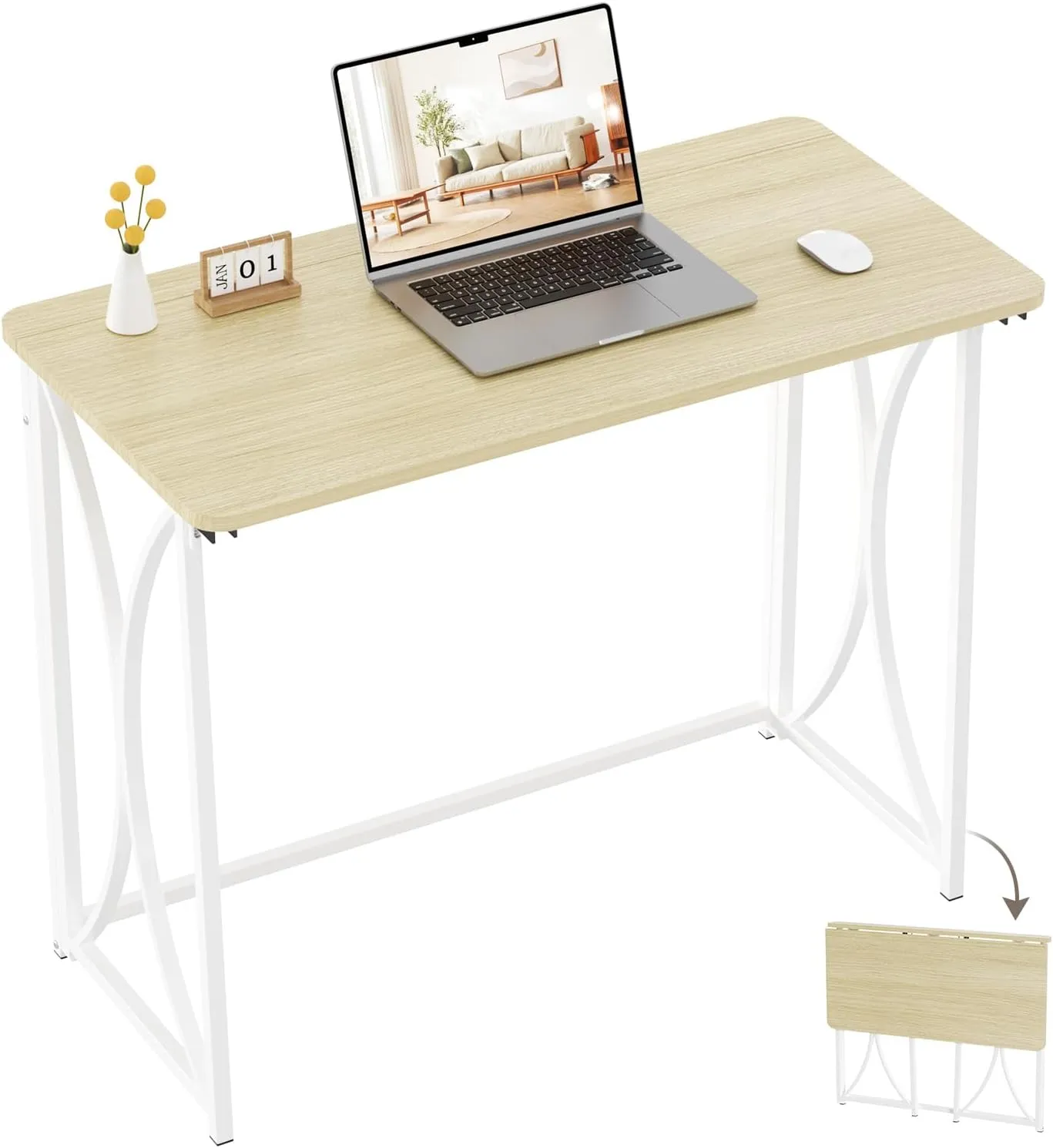 Folding Table, 31.5" Small Desk for Bedroom, Space Saving Foldable Computer Desk for Home Office, Easy Assembly, Beige
