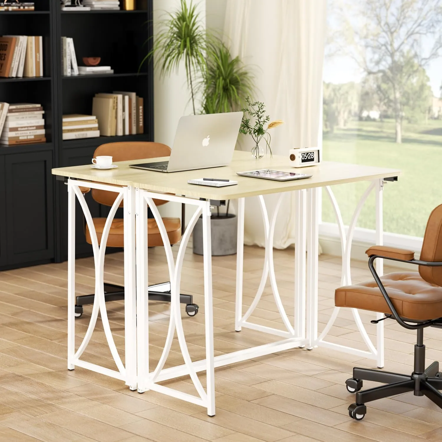 Folding Table, 31.5" Small Desk for Bedroom, Space Saving Foldable Computer Desk for Home Office, Easy Assembly, Beige