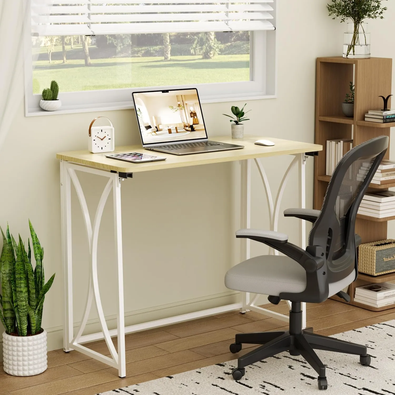 Folding Table, 31.5" Small Desk for Bedroom, Space Saving Foldable Computer Desk for Home Office, Easy Assembly, Beige