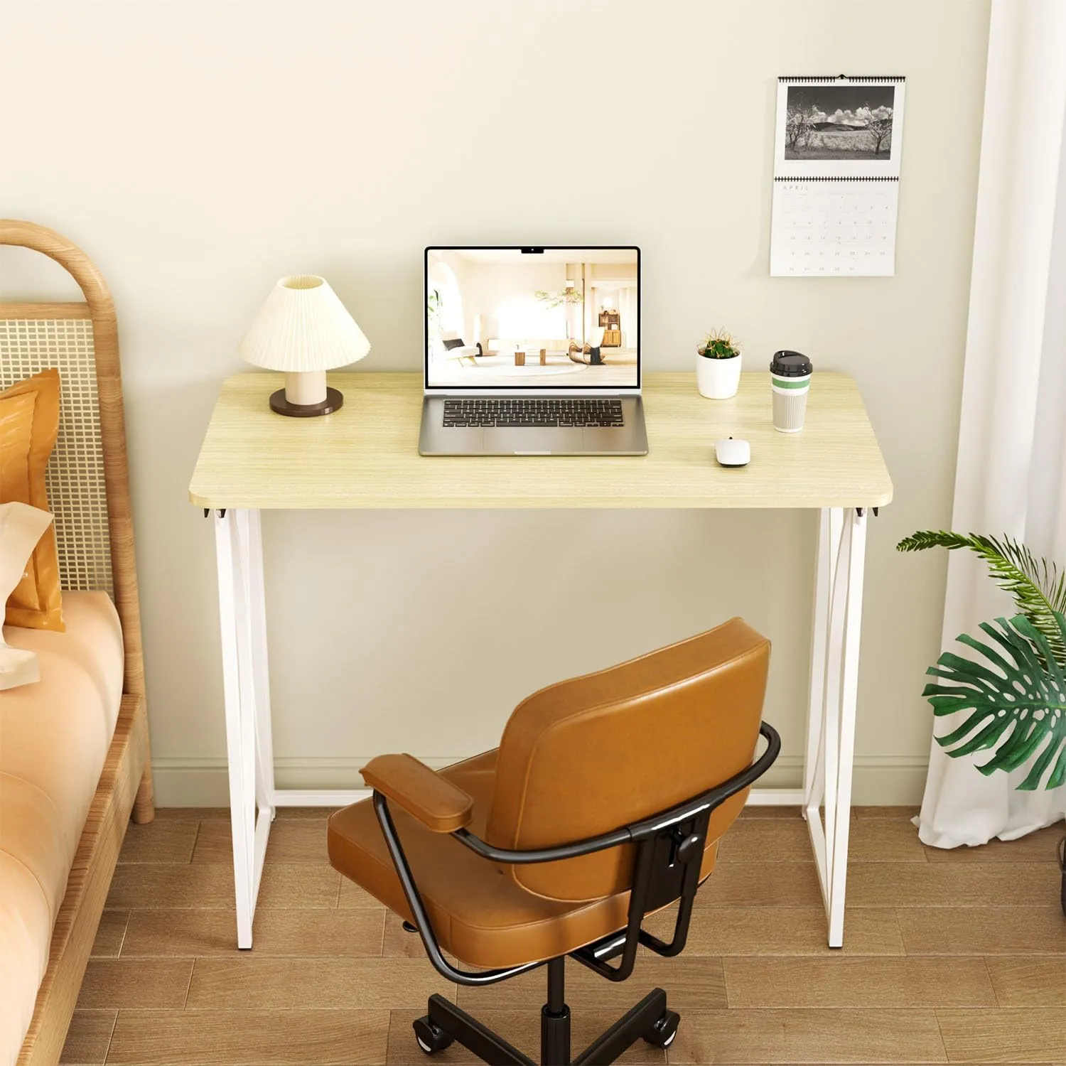 Folding Table, 31.5" Small Desk for Bedroom, Space Saving Foldable Computer Desk for Home Office, Easy Assembly, Beige