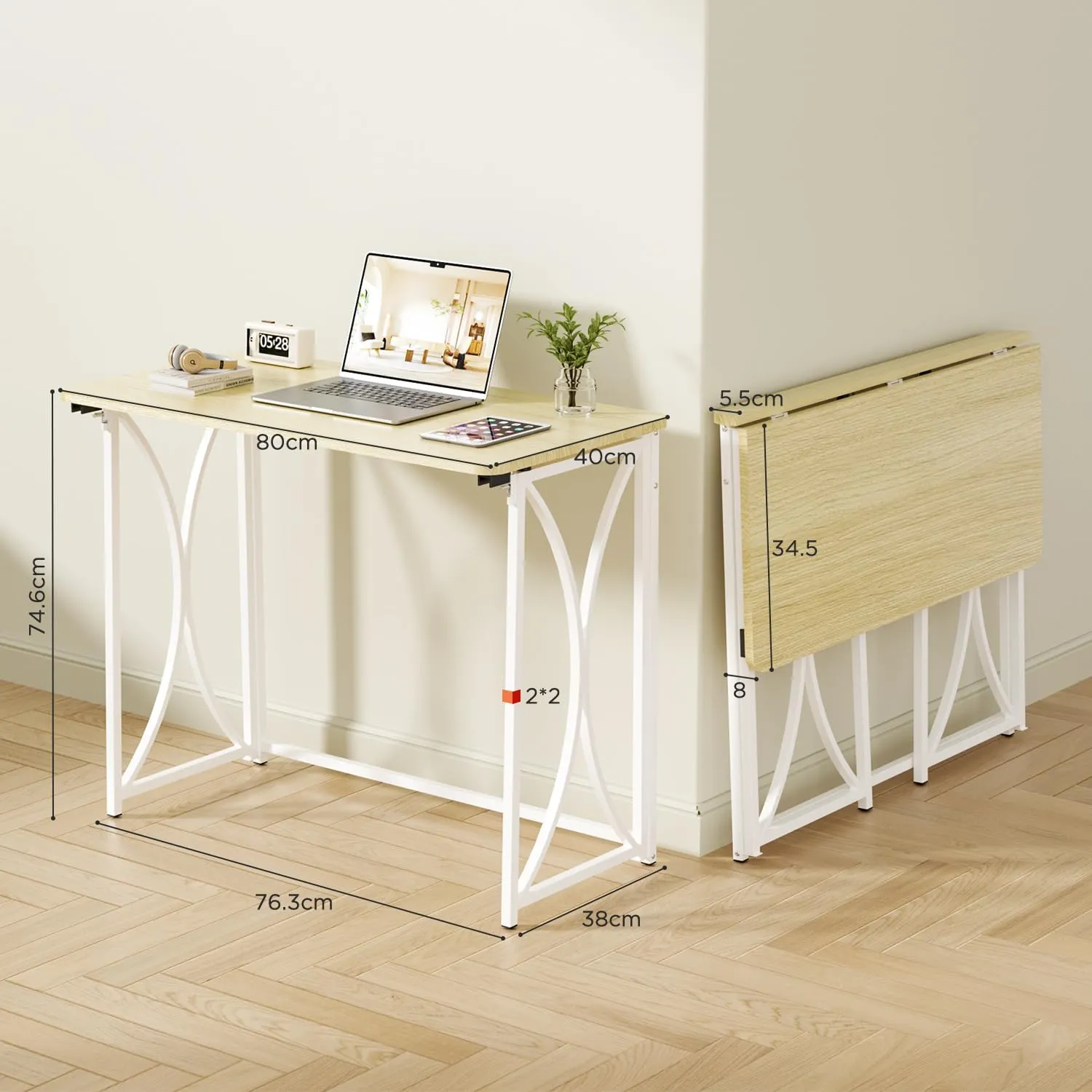 Folding Table, 31.5" Small Desk for Bedroom, Space Saving Foldable Computer Desk for Home Office, Easy Assembly, Beige