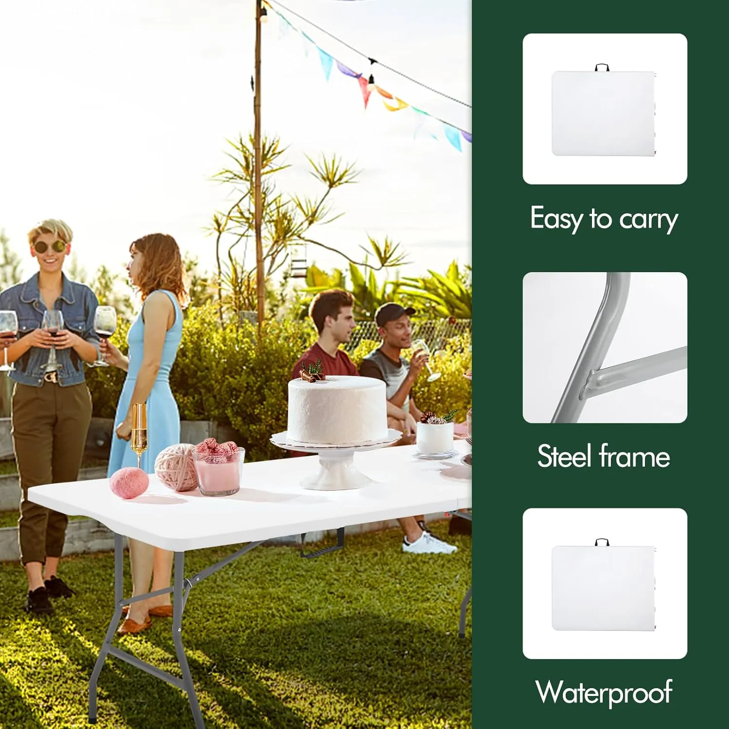 Folding Table 6ft Plastic Folding Table Indoor & Outdoor for Picnic, Camping,BBQ and Party, with Powder Coated Steel Legs and Built in Carry Handle, White
