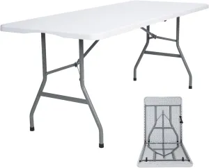 Folding Table 6ft Plastic Folding Table Indoor & Outdoor for Picnic, Camping,BBQ and Party, with Powder Coated Steel Legs and Built in Carry Handle, White