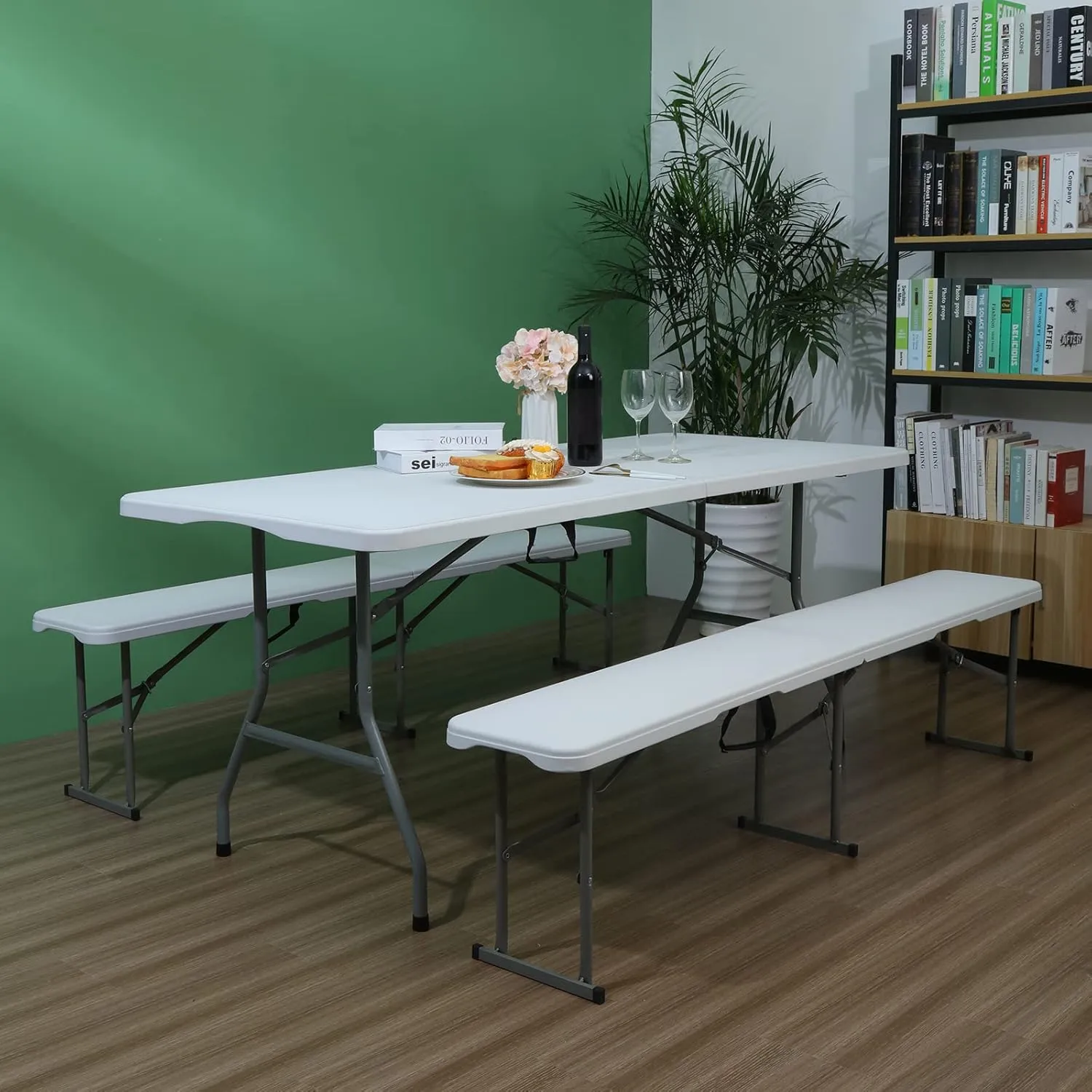 Folding Table 6ft Plastic Folding Table Indoor & Outdoor for Picnic, Camping,BBQ and Party, with Powder Coated Steel Legs and Built in Carry Handle, White