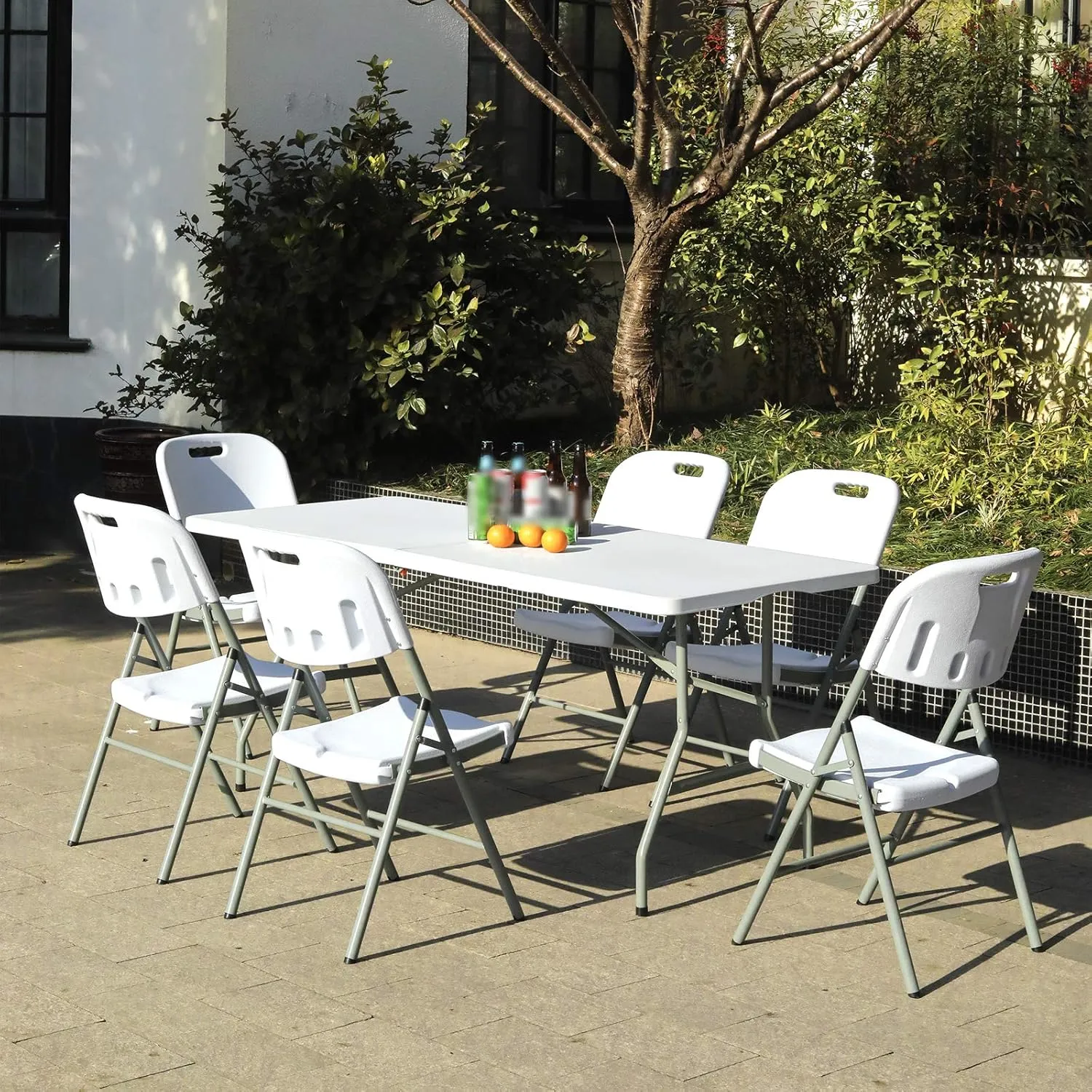 Folding Table 6ft Plastic Folding Table Indoor & Outdoor for Picnic, Camping,BBQ and Party, with Powder Coated Steel Legs and Built in Carry Handle, White