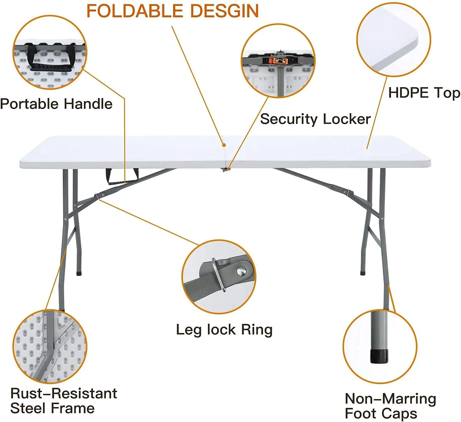Folding Table 6ft Plastic Folding Table Indoor & Outdoor for Picnic, Camping,BBQ and Party, with Powder Coated Steel Legs and Built in Carry Handle, White