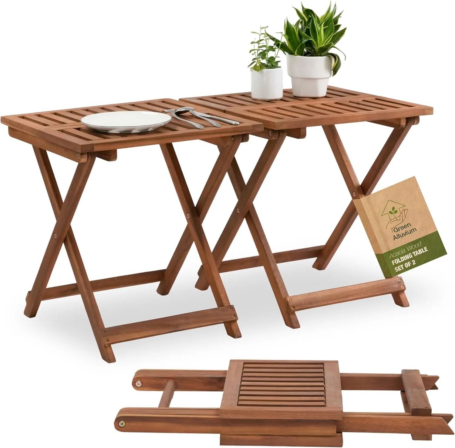 Folding Table Set of 2 - Premium Portable Foldable Wooden Side Tables for Outdoor & Indoor, Patio, Camping - Perfect for Adirondack Chairs & Small Spaces - Golden Teak Finish - Great