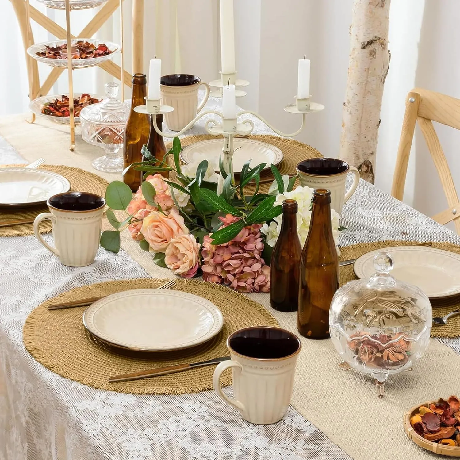 FunWheat Paper Round Braided Placemats Set of 6 for Dining Tables 15 Inch Heat Resistant Table Mats Farmhouse Woven Fabric Natural Place mats with Tassel(D Brown, 8 pcs)