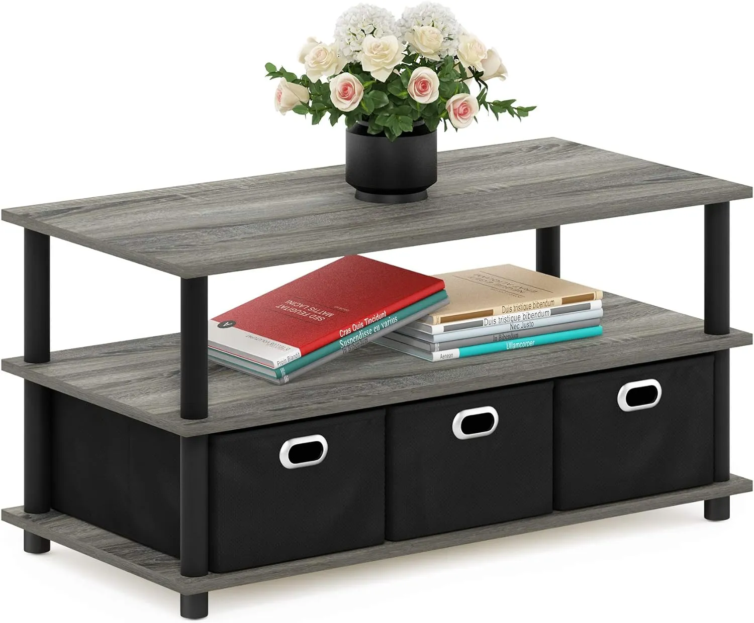 FURINNO Turn-N-Tube Coffee Table, 31.22D x 15.5W x 15.8H in, French Oak Grey/Black/Black