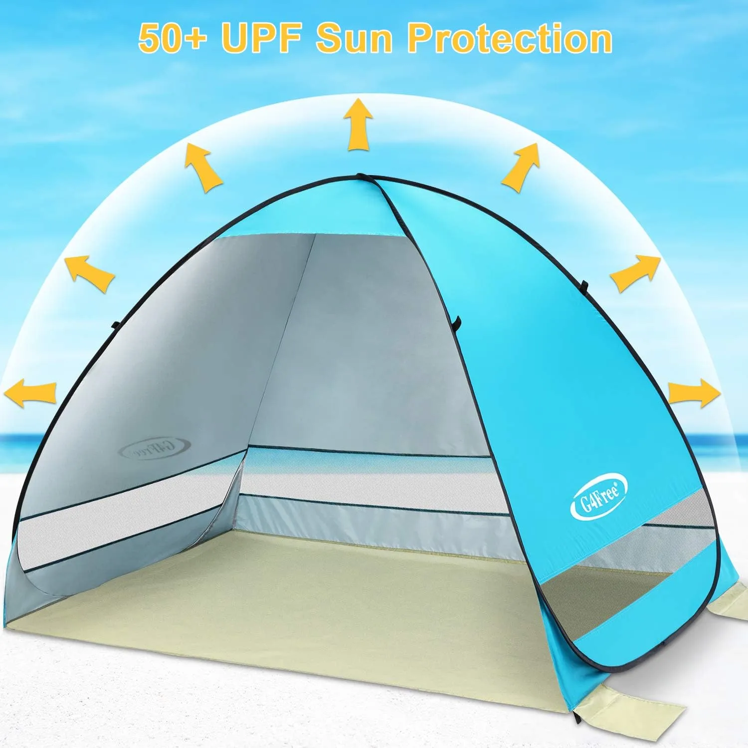 G4Free Large Pop up Beach Tent for 3-4 Person, UPF 50  Automatic Sun Shelter Canopy Portable Outdoor Cabana Sun Umbrella