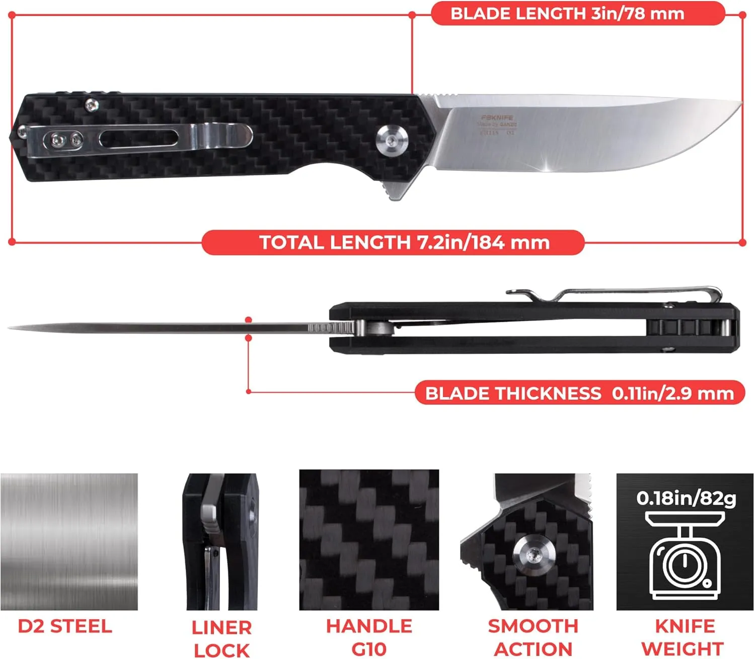 Ganzo Firebird FH11S-CF Pocket Knife D2 Steel Blade Ergonomic G10 Non-Slip Handle with Clip Camping Fishing Hunting Equipment Outdoor Flipper EDC Pocket Knife (Carbon Fibre)