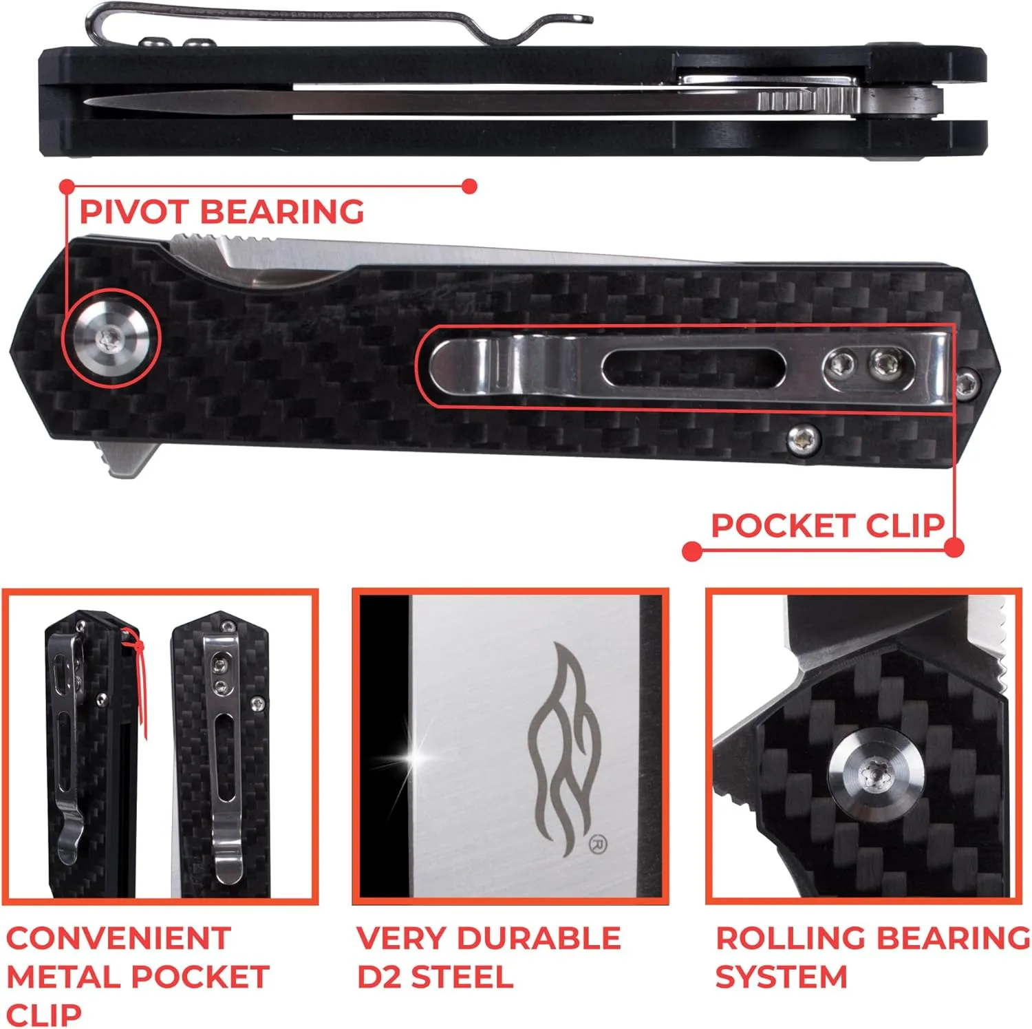 Ganzo Firebird FH11S-CF Pocket Knife D2 Steel Blade Ergonomic G10 Non-Slip Handle with Clip Camping Fishing Hunting Equipment Outdoor Flipper EDC Pocket Knife (Carbon Fibre)