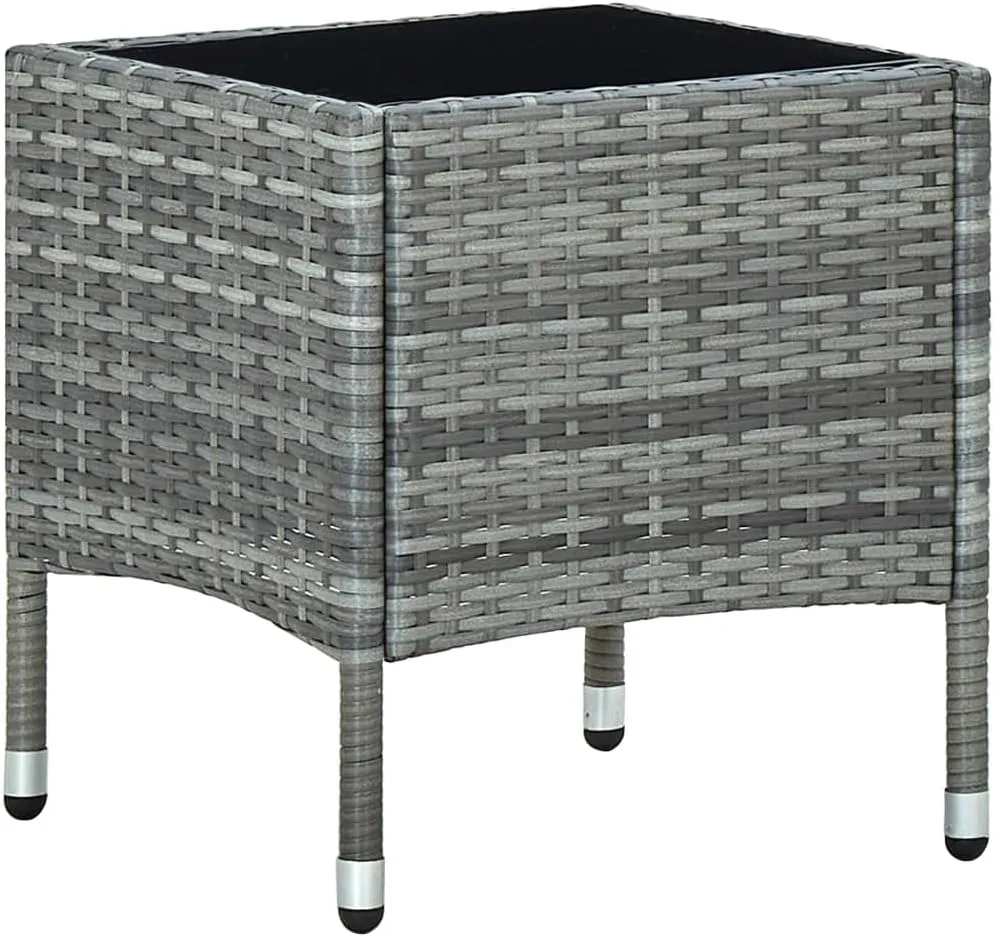 Garden Table Grey PE Rattan Steel Glass Outdoor Coffee Side Dining Camping Table, Small and Durable Furniture for Balcony, 40x40x45cm