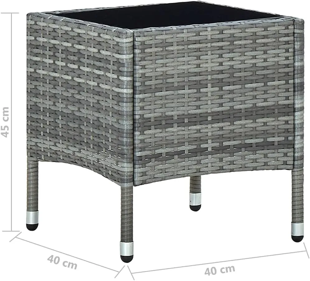 Garden Table Grey PE Rattan Steel Glass Outdoor Coffee Side Dining Camping Table, Small and Durable Furniture for Balcony, 40x40x45cm